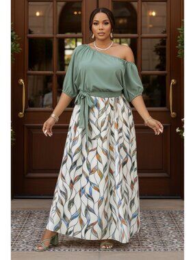 Botanical Leaf One Shoulder Blouson Belted Tie Waist Boho Maxi Dress Plus Size